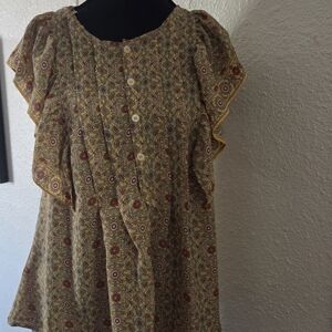 Max Studio Floral Print Flutter Sleeve Blouse in Mustard and Red.